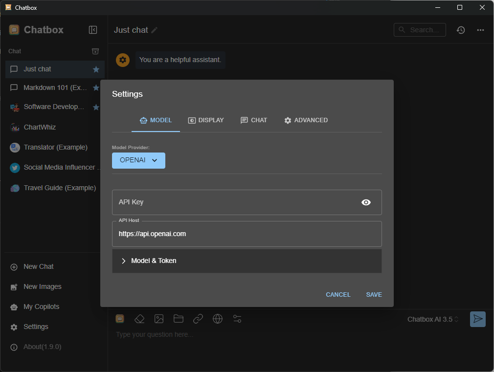 ChatBox Einrichtungsdialog